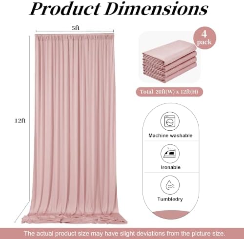 20ft x 12ft Dusty Pink Backdrop Curtains for Parties, Wrinkle Free 4 Panels Photo Backdrop Drapes Back Drop, alternate view 6