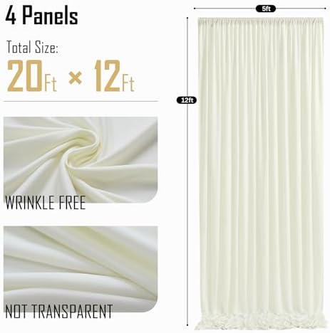 20ft x 12ft Ivory Wrinkle-Free Backdrop Curtain for Wedding Parties, Thick Polyester 4 Panels 5x12ft for Wedding, alternate