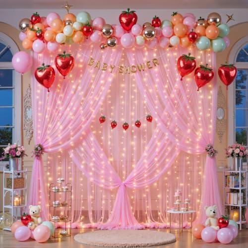 20ft x 12ft Pink Tulle Photo Backdrop Curtain with Lights String for Parties Wedding Sheer Baby Pink Curtain, alternate view