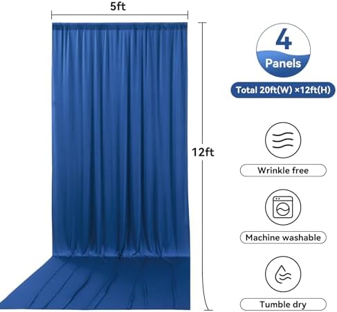 20ft x 12ft Royal Blue Backdrop Curtain for Parties, Wrinkle Free Polyester 4 Panels 5x12ft Photo Backdrop, alternate view 6