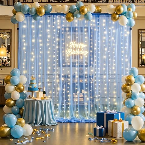 20ft x 15ft Baby Blue Tulle Photo Backdrop Curtain with Lights String for Parties Wedding Sheer Light Blue, alternate view 3