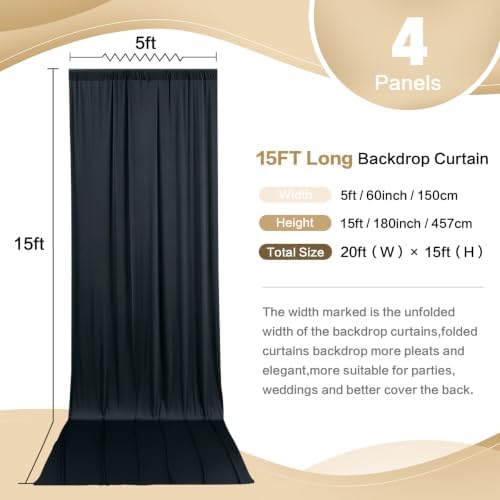 20ft x 15ft Black Backdrop Curtain for Wedding Party 4 Panels 5x15ft Wrinkle Free Silky Polyester Backdrop, alternate view 3