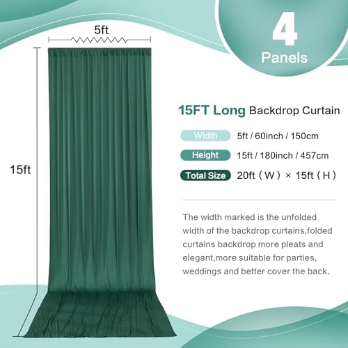 20ft x 15ft Hunter Green Backdrop Curtain for Wedding Party 4 Panels 5x15ft Wrinkle Free Silky Polyester, alternate view 3