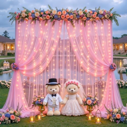 20ft x 15ft Pink Tulle Photo Backdrop Curtain with Lights String for Parties Wedding Sheer Baby Pink Curtain, alternate view
