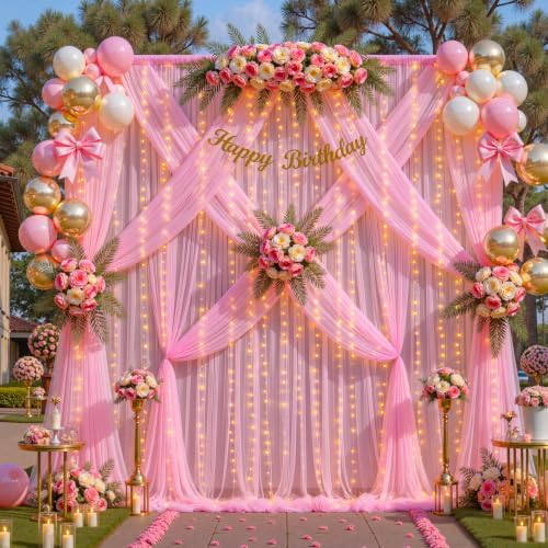 20ft x 15ft Pink Tulle Photo Backdrop Curtain with Lights String for Parties Wedding Sheer Baby Pink Curtain, alternate view