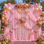20ft x 15ft Pink Tulle Photo Backdrop Curtain with Lights String for Parties Wedding Sheer Baby Pink Curtain, alternate view