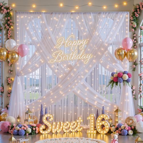 20ft x 15ft White Tulle Backdrop Curtain with Lights String for Parties Wedding Bridal Shower Sheer White, alternate view 3
