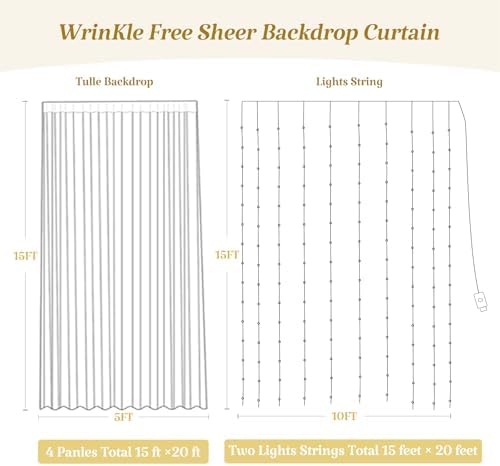 20ft x 15ft White Tulle Backdrop Curtain with Lights String for Parties Wedding Bridal Shower Sheer White, alternate view 4