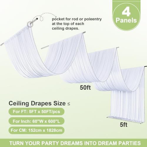 20FT x 50FT White Ceiling Drapes for Wedding Party Decor, alternate view 2