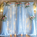 20ft x 8ft Blue Backdrop Curtain Panels with Lights String for Parties, Sheer Tulle Wedding Backdrop Drapes for