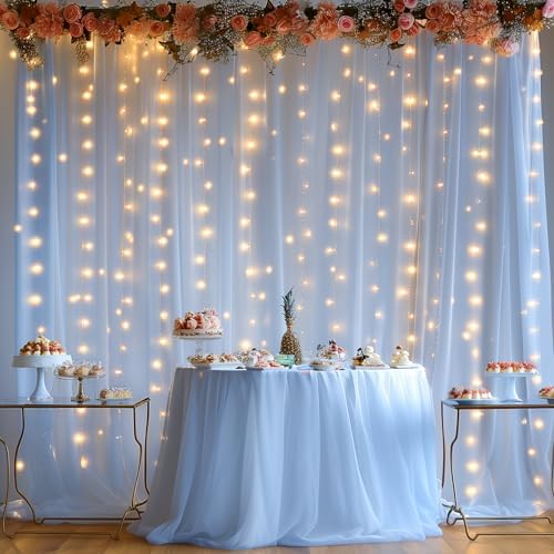 20ft x 8ft Blue Backdrop Curtain Panels with Lights String for Parties, Sheer Tulle Wedding Backdrop Drapes for, alternate