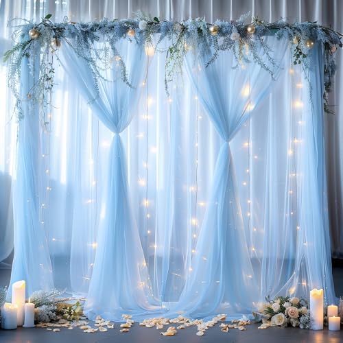 20ft x 8ft Blue Backdrop Curtain Panels with Lights String for Parties, Sheer Tulle Wedding Backdrop Drapes for, alternate