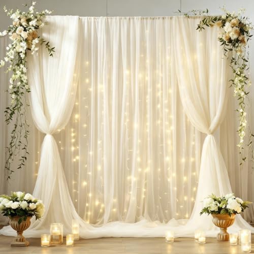 20ft x 8ft Ivory Backdrop Curtain Panels with Lights String for Parties, Sheer Tulle Wedding Backdrop Drapes for