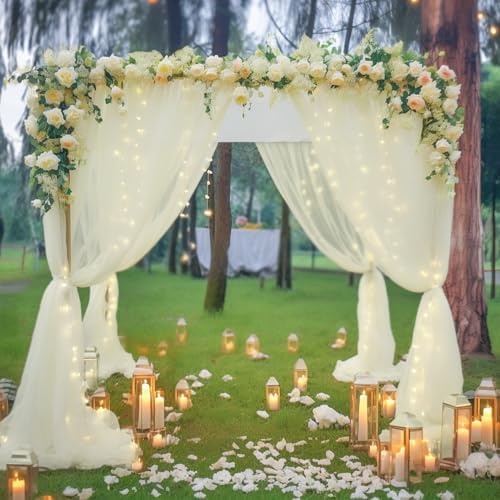 20ft x 8ft Ivory Backdrop Curtain Panels with Lights String for Parties, Sheer Tulle Wedding Backdrop Drapes for, alternate