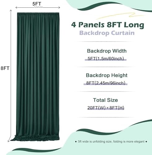 20ft x 8ft Wrinkle Free Hunter Green Backdrop Curtain for Jungle Parties, 4 Panels 5×8ft Soft Silky Green, alternate view 5