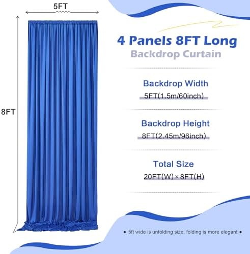 20ft x 8ft Wrinkle Free Royal Blue Backdrop Curtain for Parties, 4 Panels 5×8ft Silky Polyester Blue Photo, alternate view 5