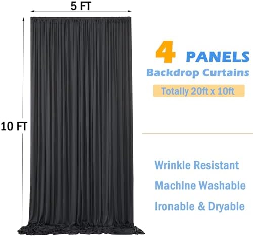 20ftx10ft Wrinkle Free Black Backdrop Curtain for Parties, 4 Panels 5x10ft Silky Polyester Photo Backdrop Drapes, alternate