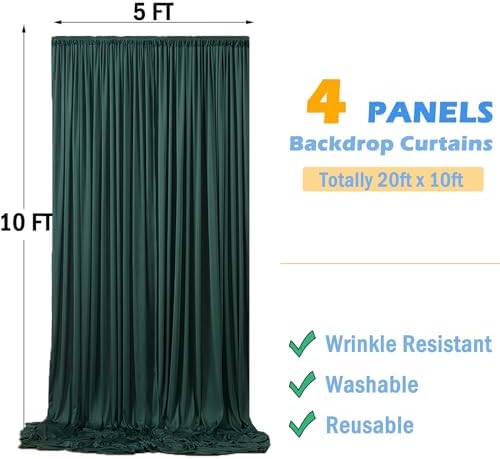 20ftx10ft Wrinkle Free Hunter Green Backdrop Curtains for Party Background, 4 Panels Silky Fabric Green Photo, alternate view