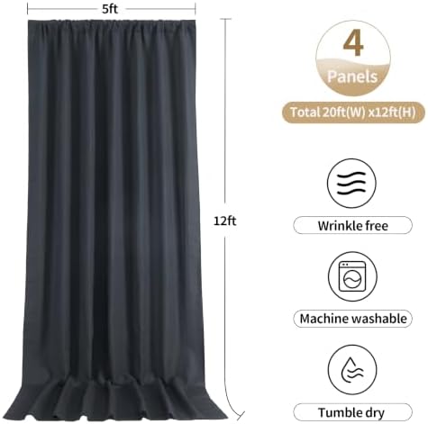 20ftx12ft Black Backdrop Curtain Panels for Parties, 4 Panels Thick Wrinkle Resistant 12 ft Long Polyester, alternate view 3