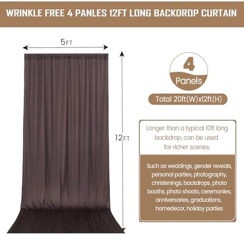 20FTx12FT Brown Backdrop Curtains for Weddings, Birthdays and Photography in W5' x H12'(4 panels) in Brown, alternate view 6
