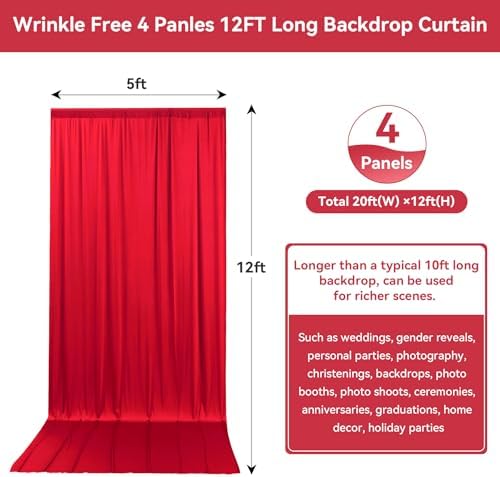 20FTx12FT Red Backdrop Curtains for Weddings Party, Birthdays and Labor Day in W5' x H12'(4 panels) in Red, alternate view 3