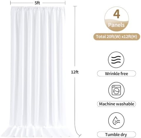 20ftx12ft White Backdrop Curtain for Parties, Thick Wrinkle Resistant 4 Panels 12 ft Long Polyester Wedding, alternate view 2
