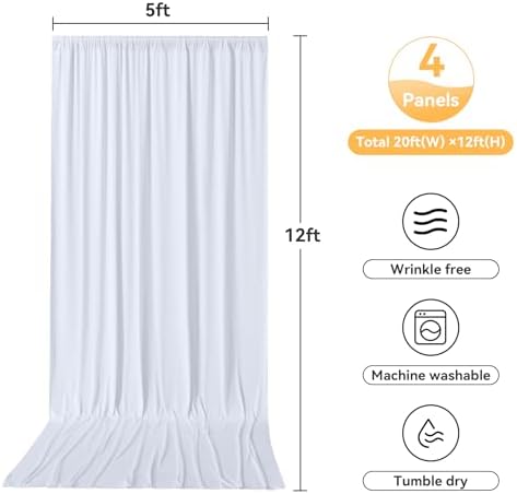 20ftx12ft White Backdrop Curtain for Wedding Parties, Wrinkle Free 4 Panels Silky Polyester 12 ft Long Photo, alternate view