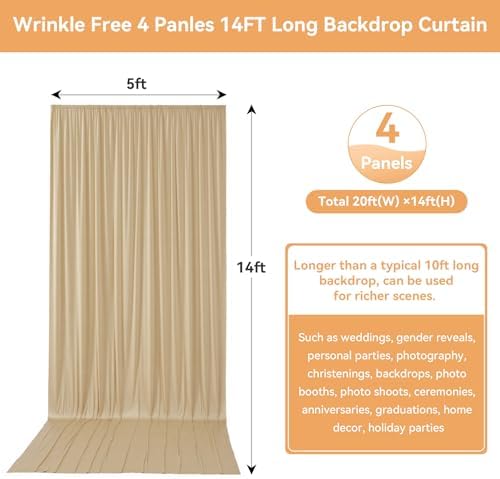 20FTx14FT Champagne Backdrop Curtains for Wedding, Birthday and Photography in W5' x H14'(4 panels) in beige, alternate view