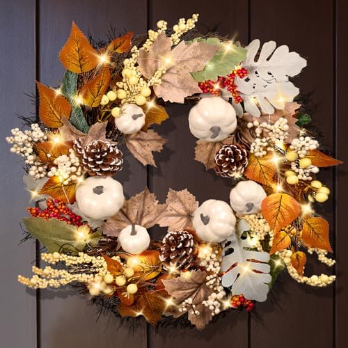 20Inch Thanksgiving Fall Wreath for Front Door with Light Autumn Wall Decor in Fall Wreaths