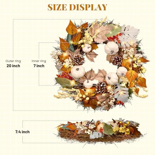 20Inch Thanksgiving Fall Wreath for Front Door with Light Autumn Wall Decor in Fall Wreaths, alternate view 4
