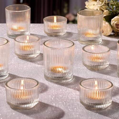 20pcs Assorted Ribbed Clear Votive & Tea Light Candle Holders, Glass Candle Holder for Table Centerpiece