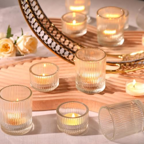 20pcs Assorted Ribbed Clear Votive & Tea Light Candle Holders, Glass Candle Holder for Table Centerpiece, alternate view 6