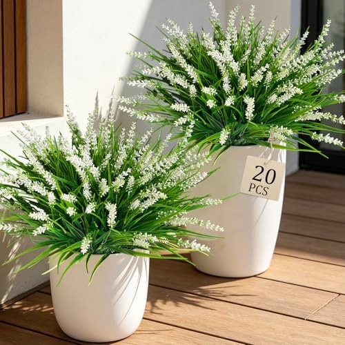 20Pcs Fake Plants Artificial Flowers Monkey Grass for Outdoors, UV Resistant Realistic White Artificial Plants