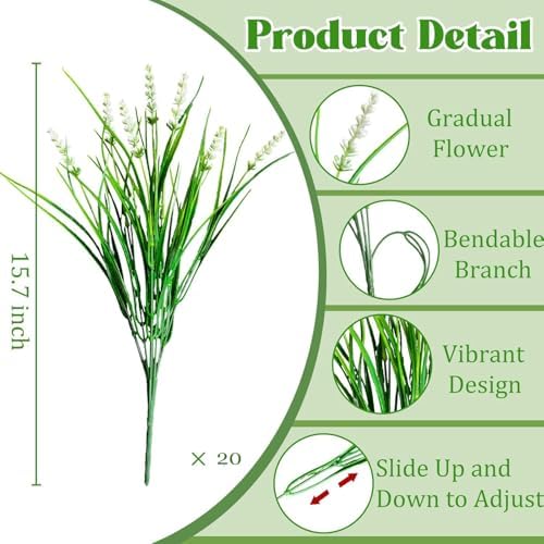 20Pcs Fake Plants Artificial Flowers Monkey Grass for Outdoors, UV Resistant Realistic White Artificial Plants, alternate