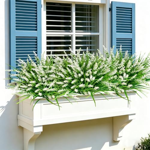 20Pcs Fake Plants Artificial Flowers Monkey Grass for Outdoors, UV Resistant Realistic White Artificial Plants, alternate
