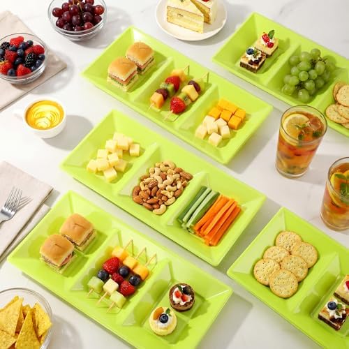 20pcs Green 3 Section Serving Tray Bulk Serving Dish Compartment Appetizer Tray Plastic Dessert Platter Divided, alternate