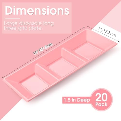 20pcs Pink 3 Section Serving Tray Bulk Serving Dish Compartment Appetizer Tray Plastic Dessert Platter Divided, alternate