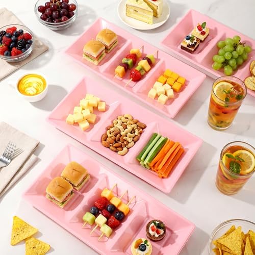 20pcs Pink 3 Section Serving Tray Bulk Serving Dish Compartment Appetizer Tray Plastic Dessert Platter Divided, alternate
