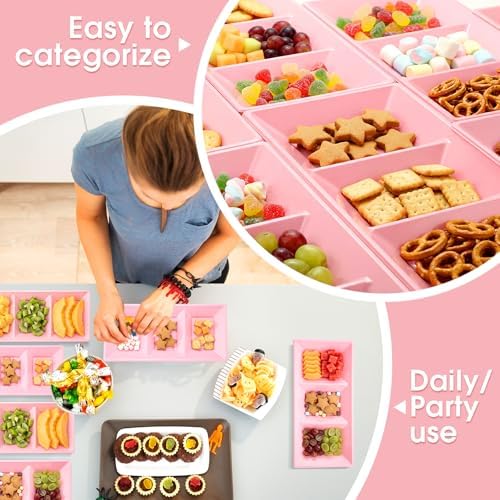 20pcs Pink 3 Section Serving Tray Bulk Serving Dish Compartment Appetizer Tray Plastic Dessert Platter Divided, alternate