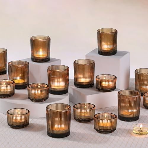 20pcs Ribbed Amber Votive Candle Holders, Assorted Glass Tea Light Candle Holders for Fall Decor, Amber Candle