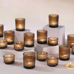 20pcs Ribbed Amber Votive Candle Holders, Assorted Glass Tea Light Candle Holders for Fall Decor, Amber Candle