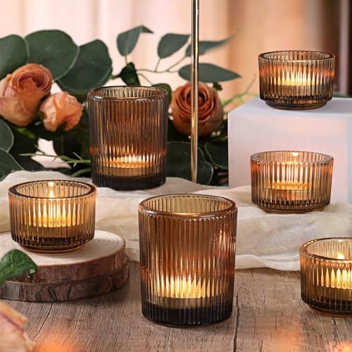 20pcs Ribbed Amber Votive Candle Holders, Assorted Glass Tea Light Candle Holders for Fall Decor, Amber Candle, alternate
