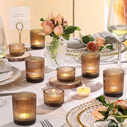 20pcs Ribbed Amber Votive Candle Holders, Assorted Glass Tea Light Candle Holders for Fall Decor, Amber Candle, alternate