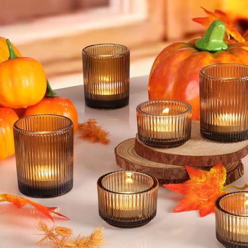 20pcs Ribbed Amber Votive Candle Holders, Assorted Glass Tea Light Candle Holders for Fall Decor, Amber Candle, alternate