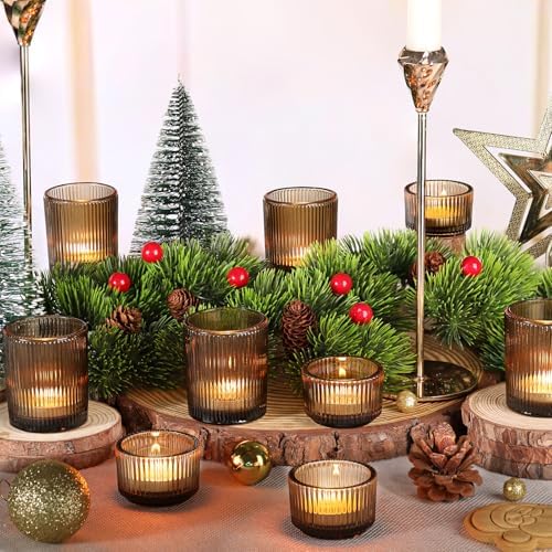 20pcs Ribbed Amber Votive Candle Holders, Assorted Glass Tea Light Candle Holders for Fall Decor, Amber Candle, alternate