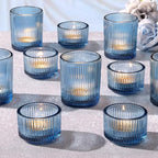 20pcs Ribbed Blue Votive Candle Holders, Assorted Tea Lights Candle Holder, Blue Glass Candle Holders for Table