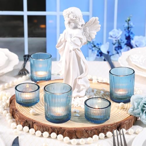 20pcs Ribbed Blue Votive Candle Holders, Assorted Tea Lights Candle Holder, Blue Glass Candle Holders for Table, alternate
