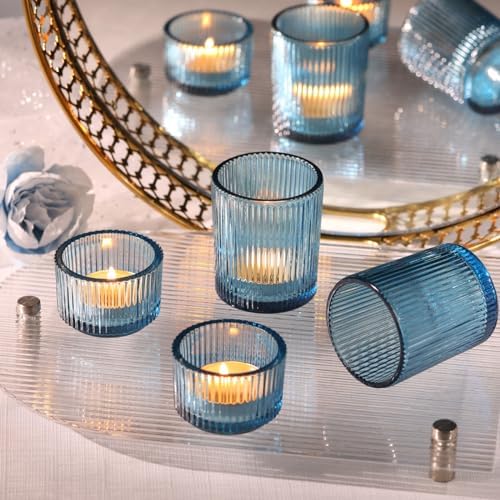 20pcs Ribbed Blue Votive Candle Holders, Assorted Tea Lights Candle Holder, Blue Glass Candle Holders for Table, alternate