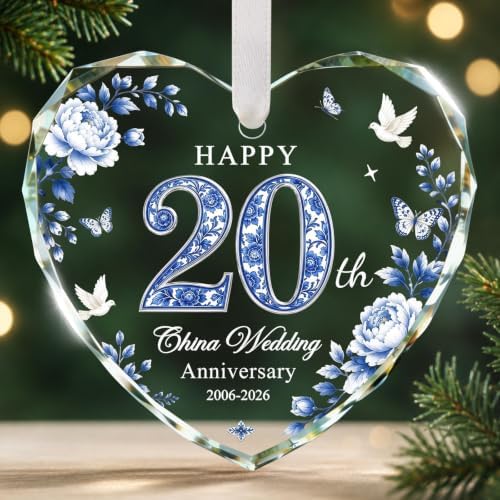 20th Anniversary Ornament - Heart Glass Wedding Gifts for Couple 2026 in Blue - 20th Anniversary