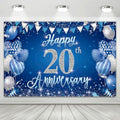 20th Anniversary Party Backdrop Banner, Blue and Silver Theme, Extra Large Photo Background Wall Decor